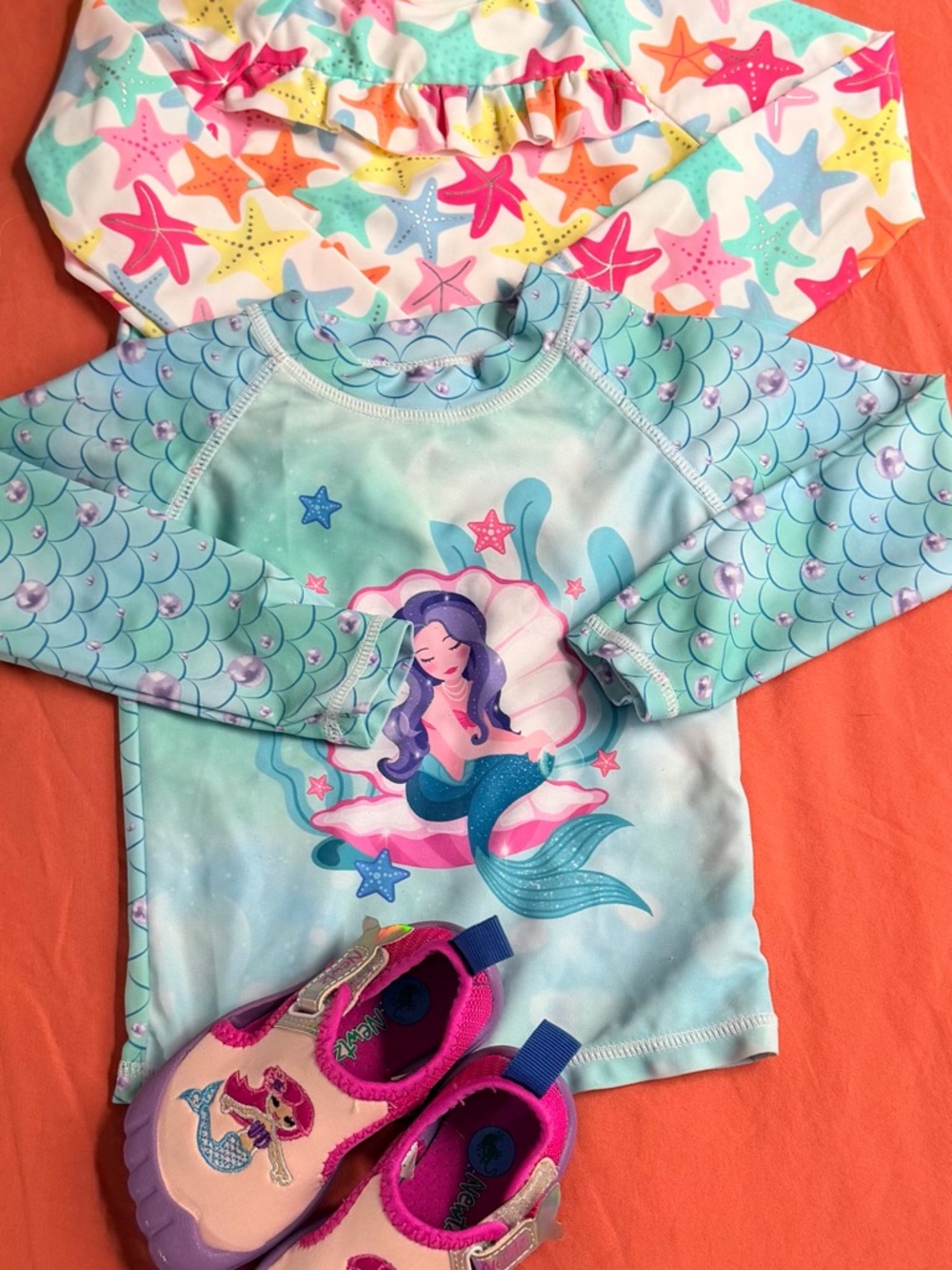 Girls' 2T Mermaid & Starfish Rash Guard Swim Tops + Mermaid Swim Shoe (Sz 5/6)